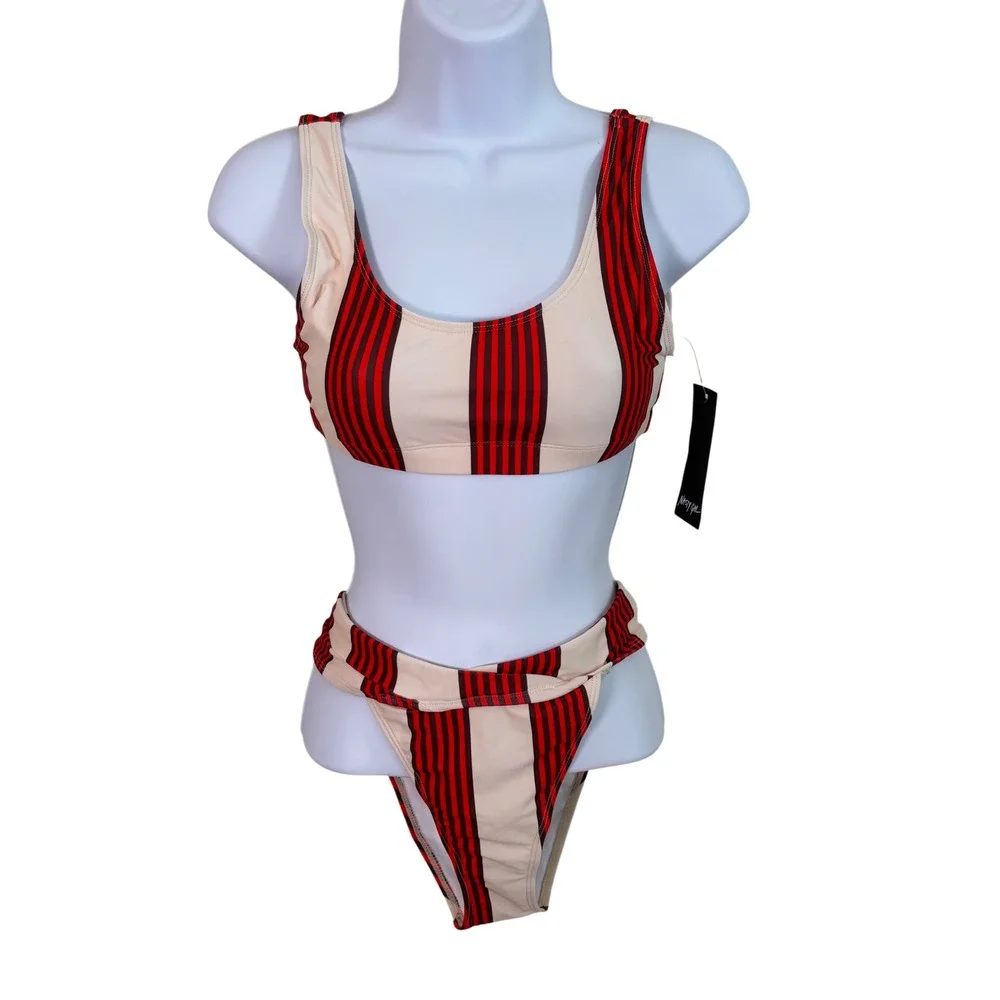 Nasty Gal Swimsuit Bikini The‎ Stripe Time Cream Red Sz 0 High Waist